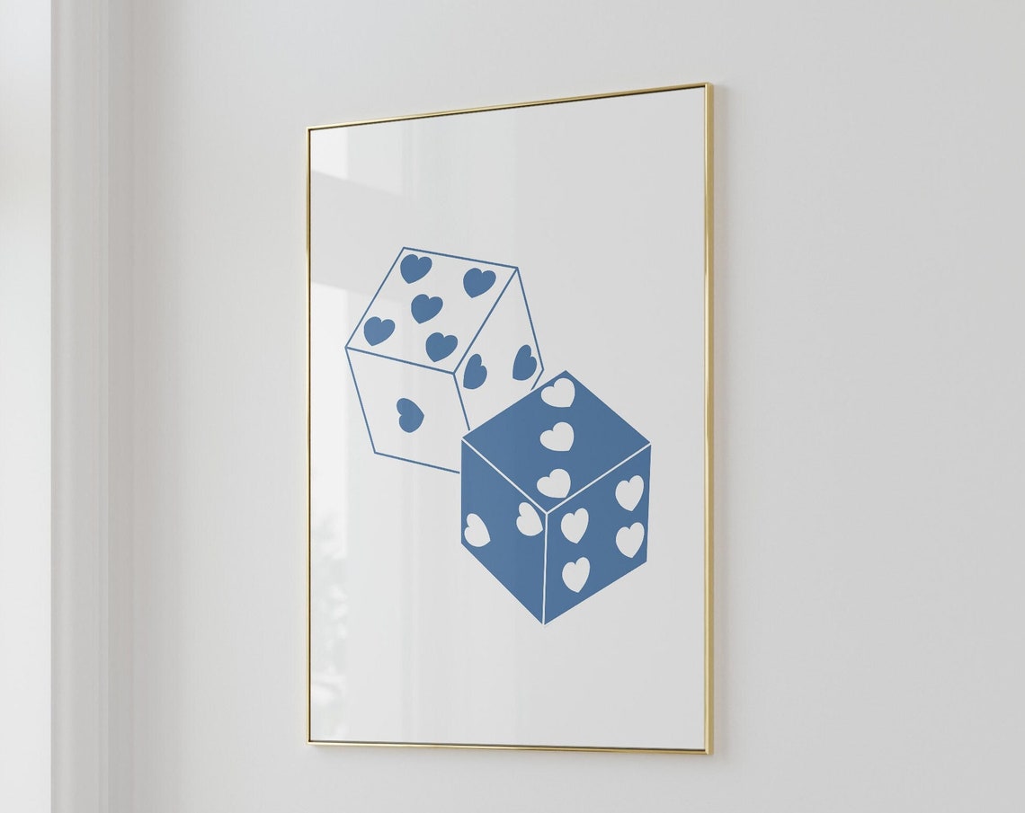 Blue Heart Dice White Line Minimalist Game Poster Art Game Room Decor