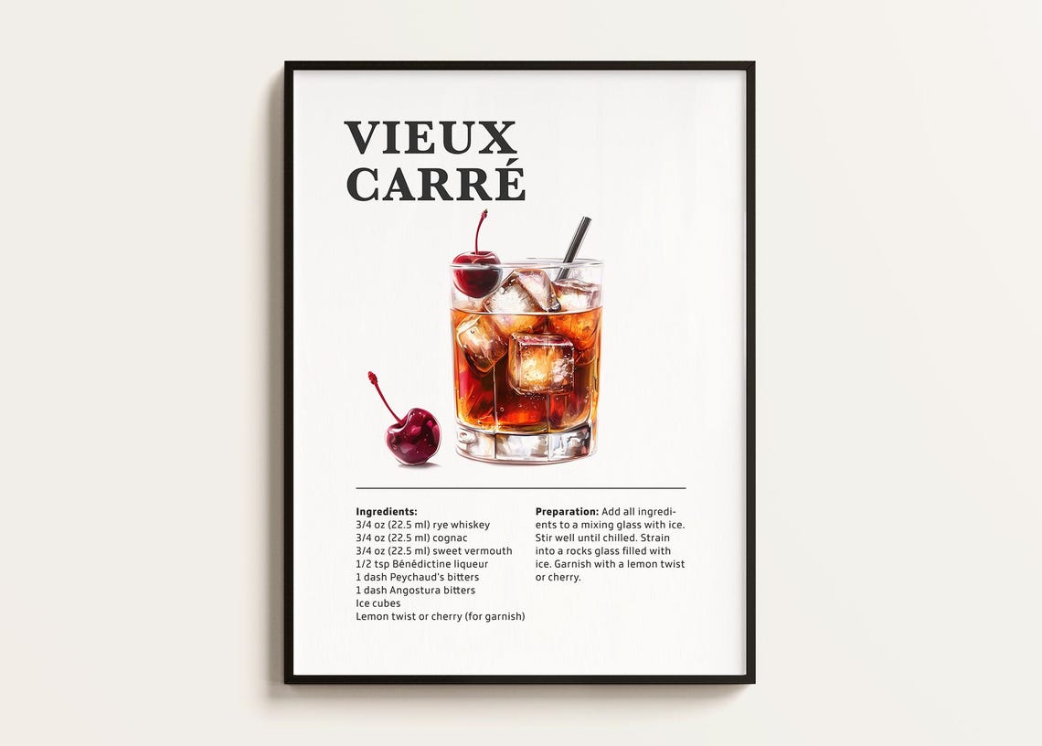 Vieux Carre Cocktail Recipe Poster, Bar Art Print