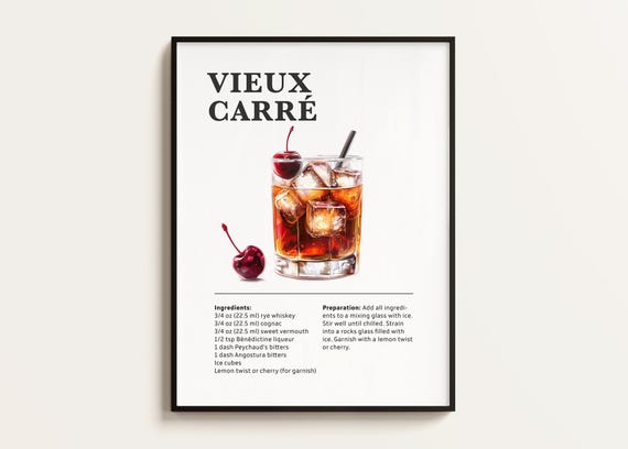 Vieux Carre Cocktail Recipe Poster, Bar Art Print