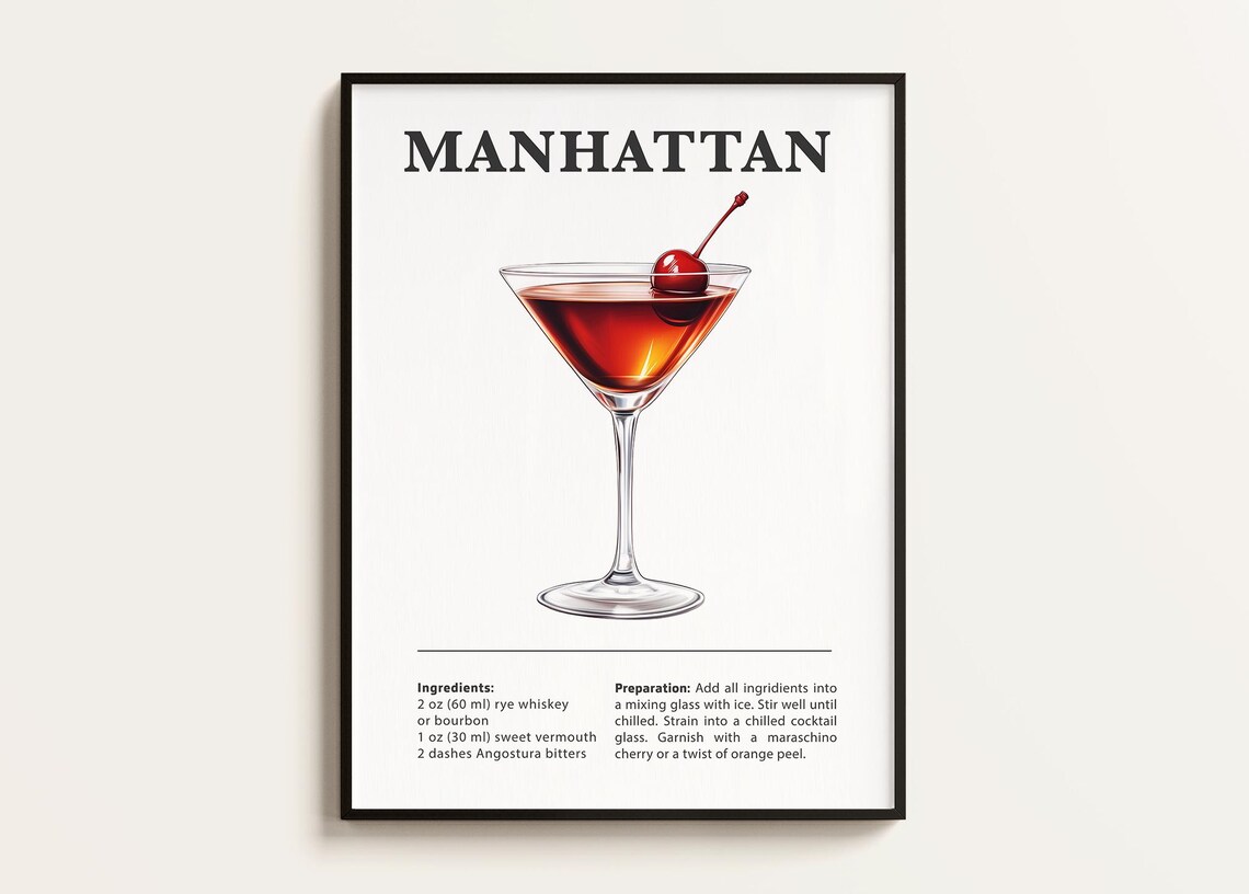 Classic Manhattan Cocktail Recipe Poster with Cherry Martini Glass