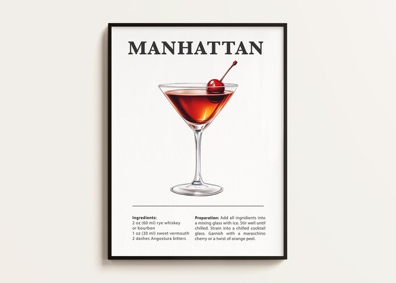 Classic Manhattan Cocktail Recipe Poster with Cherry Martini Glass