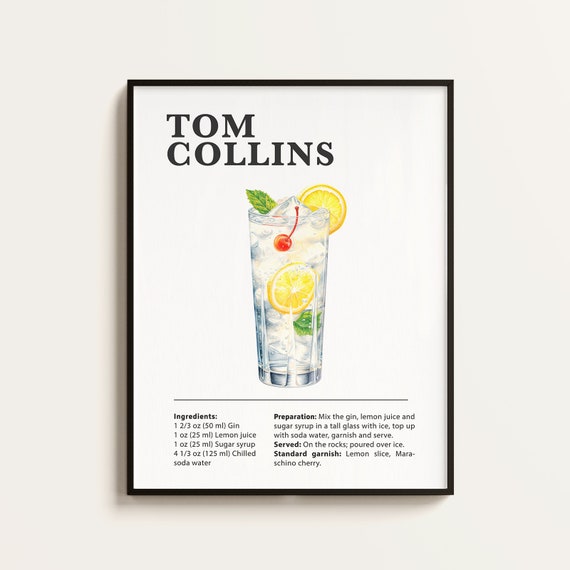 Tom Collins Recipe Poster Print, Cocktail Art