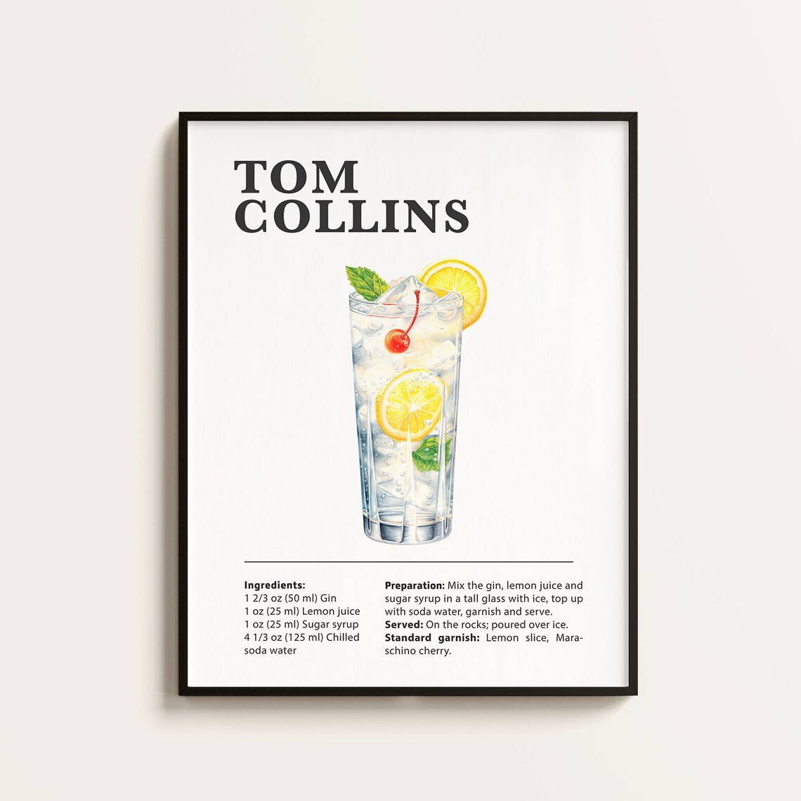 Tom Collins Recipe Poster Print, Cocktail Art