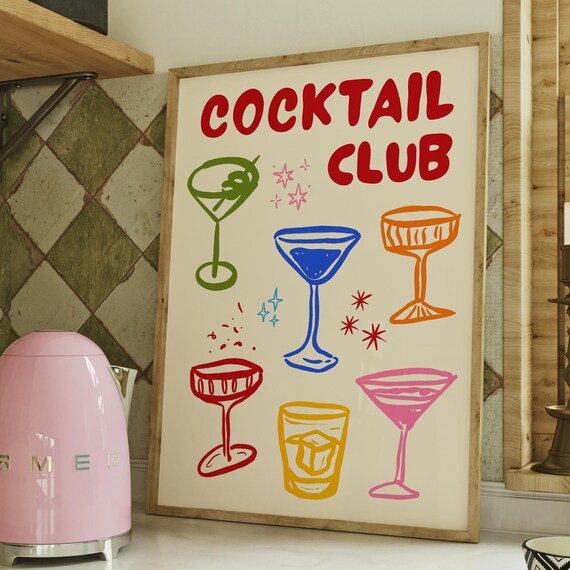 Cocktail Club Colorful Hand Drawn Drinks Bar Kitchen Wall Art