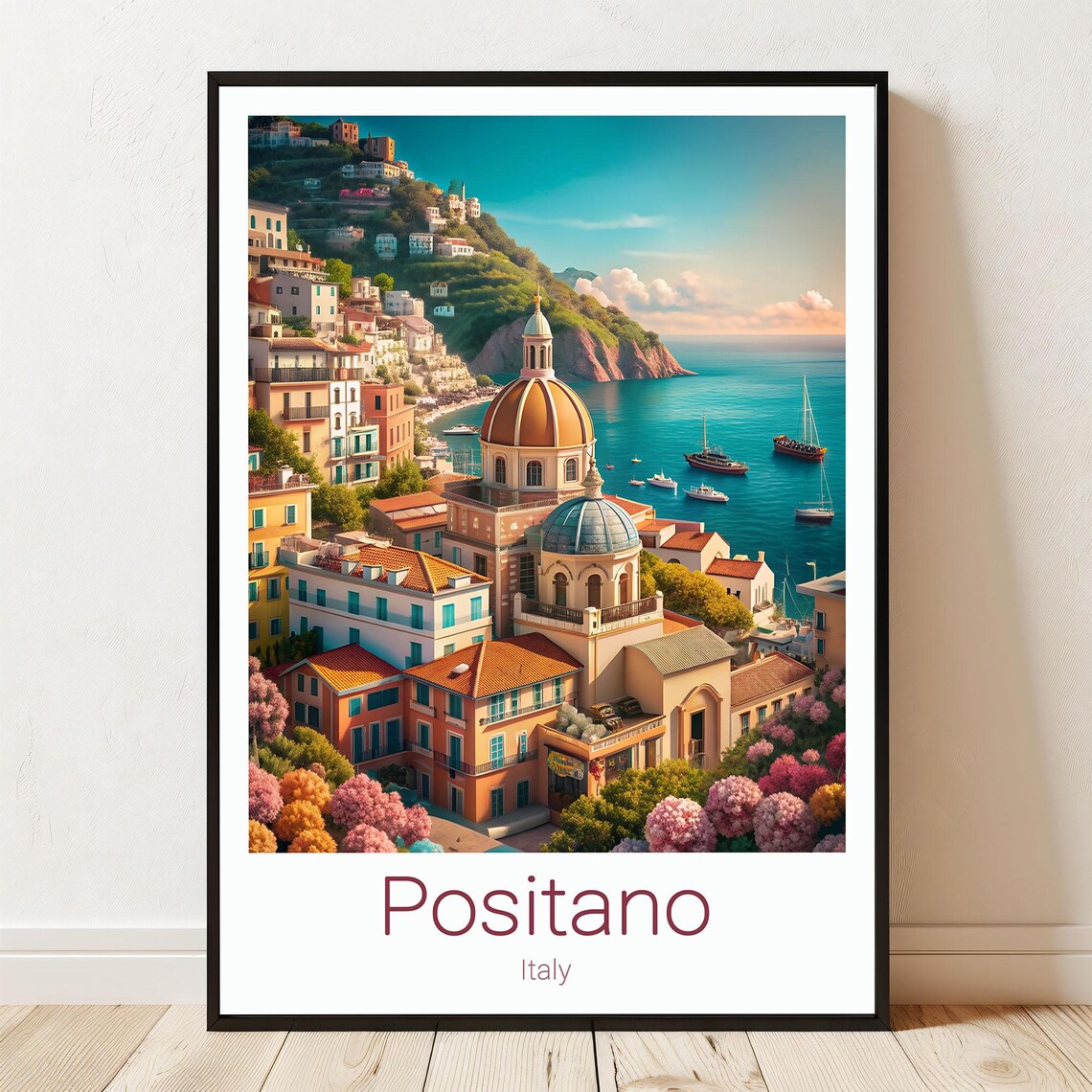 Positano Italy Amalfi Coast Seaside Church Dome Travel Poster View
