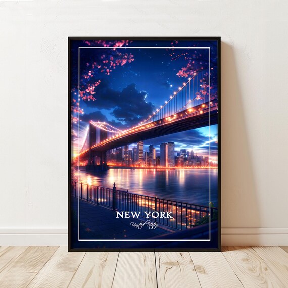 New York City Night Skyline Lit Suspension Bridge Travel Poster