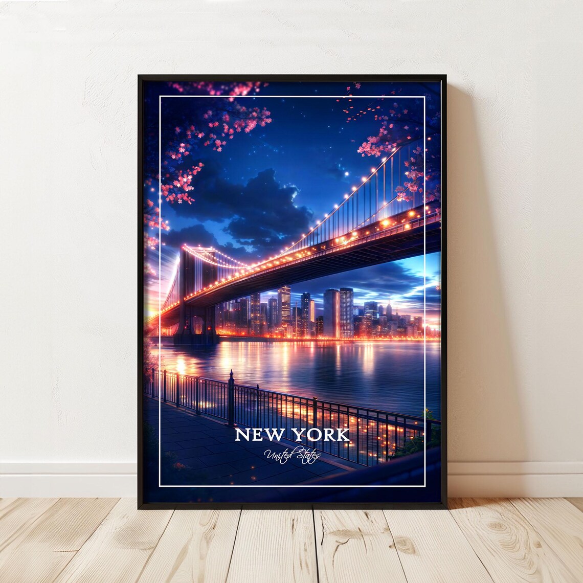 New York City Night Skyline Lit Suspension Bridge Travel Poster