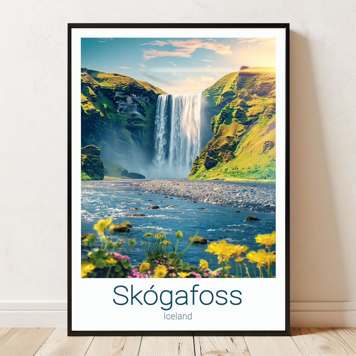 Skógafoss Iceland Waterfall Summer Meadow Flowers Travel Poster