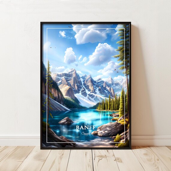 Banff Canada Turquoise Lake Mountain Travel Poster White Border Design