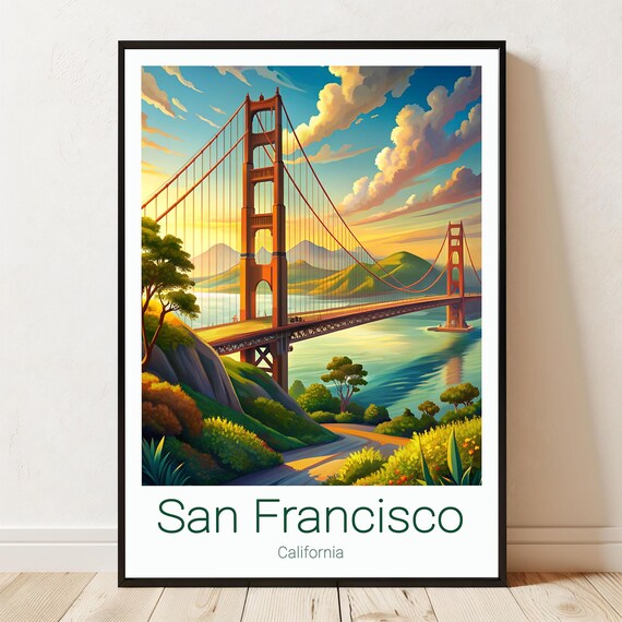 San Francisco Golden Gate Bridge Sunset California Travel Poster