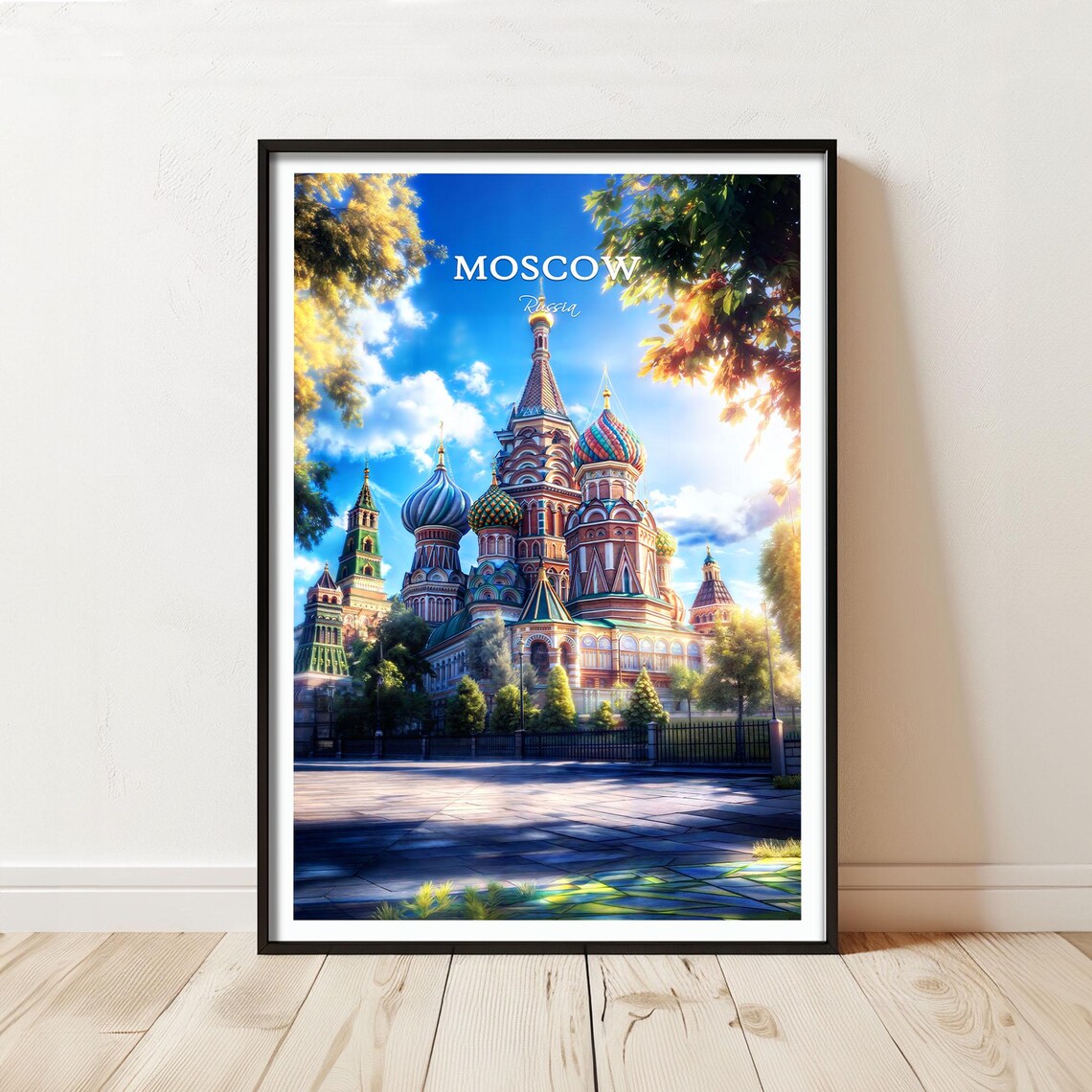 Moscow St Basil Cathedral Autumn Sky Top Caption Travel Poster Art