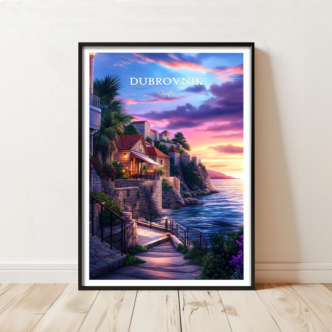 Dubrovnik Croatia Sunset Old Town Travel Poster Adriatic Decor