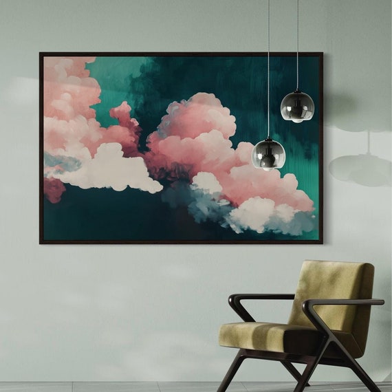 Fluffy Clouds Over Emerald Green Abstract Cloud Painting Print For Calming Wall Art Perfect For Over The Couch Decor