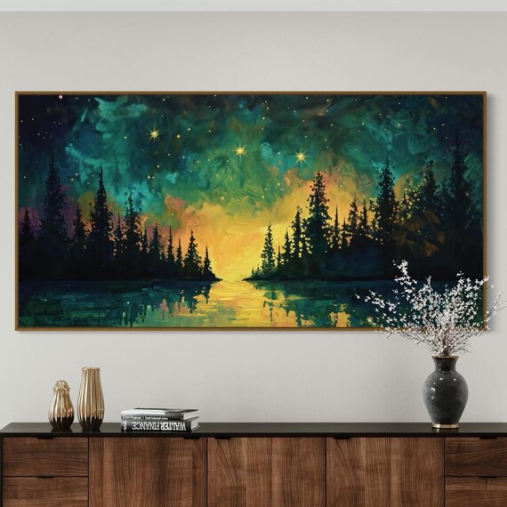 Starry Night Pine Tree Art Colorful Forest Painting Print With Atmospheric Lake And Sunrise Perfect Night Sky Wall Decor
