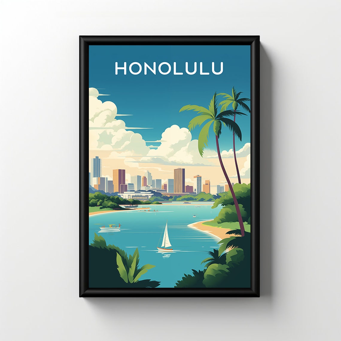 Honolulu Hawaii Skyline Palm Trees Bay Sailboat Retro Travel Poster