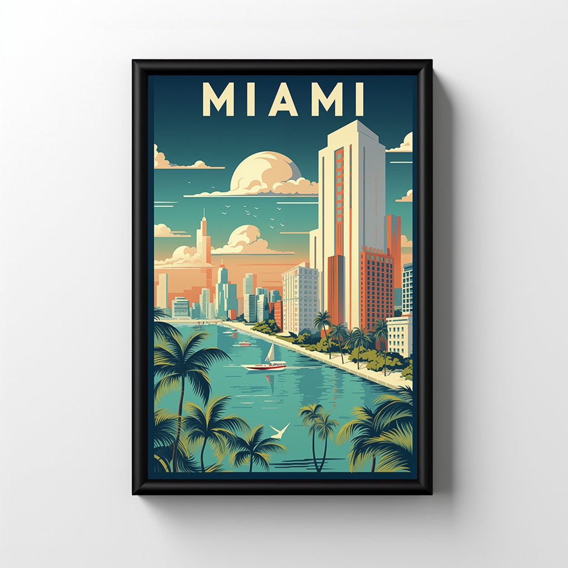 Miami Florida Biscayne Bay Skyline Palms View Retro Art Poster