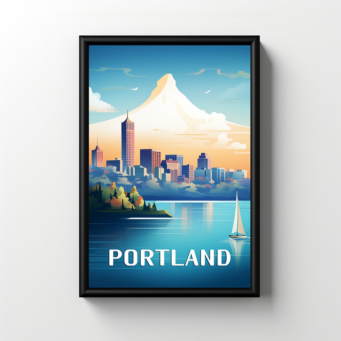 Portland Oregon Mount Hood Skyline Sailboat Retro Travel Poster