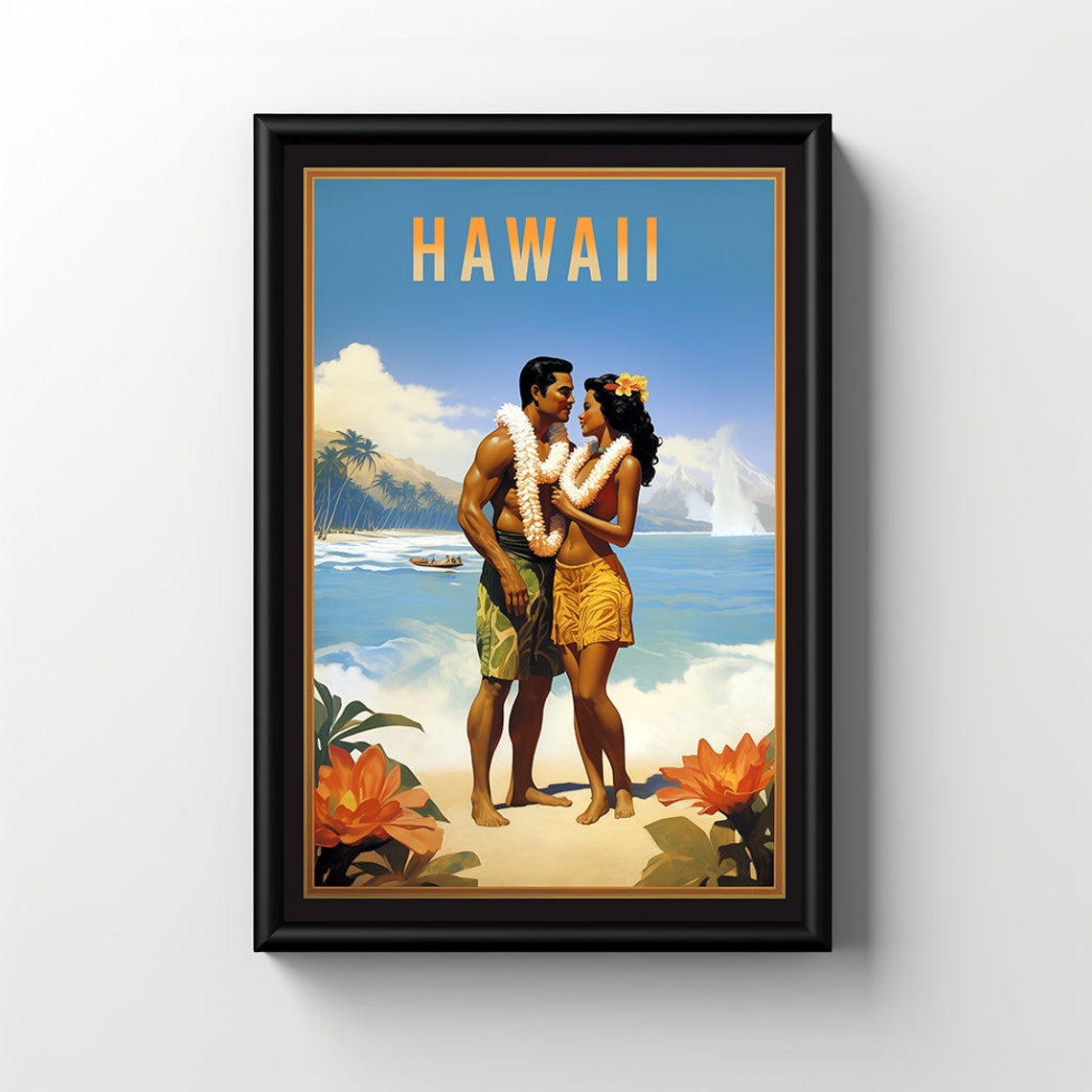 Hawaii Retro Couple Beach Leis Ocean Breeze Vintage Travel Poster