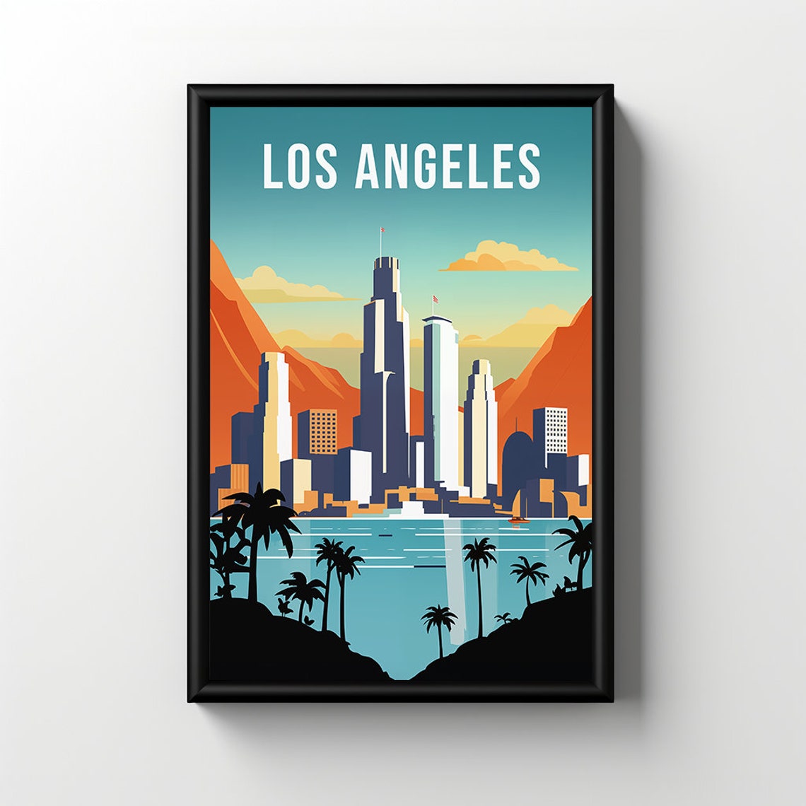 Los Angeles Skyline Palm Trees Sunset Retro City Travel Poster