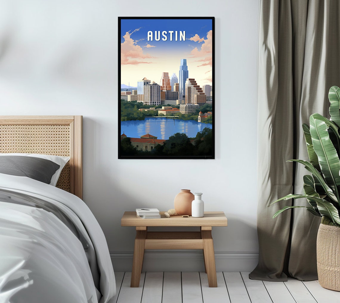 Austin Texas Downtown Lake View Sunset Scene Retro Travel Poster - Image 3