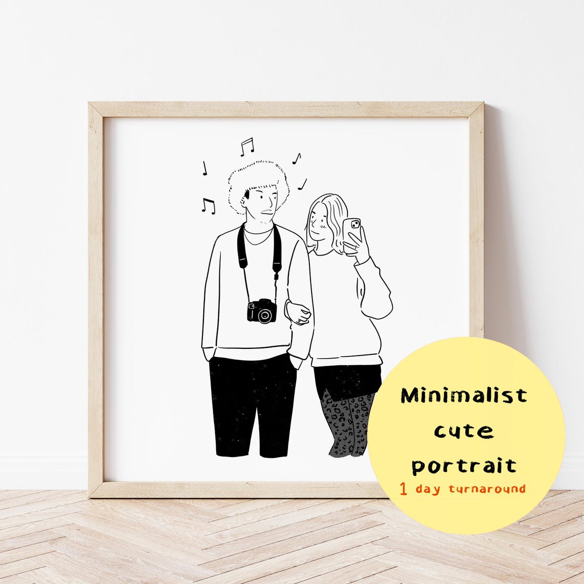Minimalist Couple Line Art With Camera and Music Notes Portrait Poster
