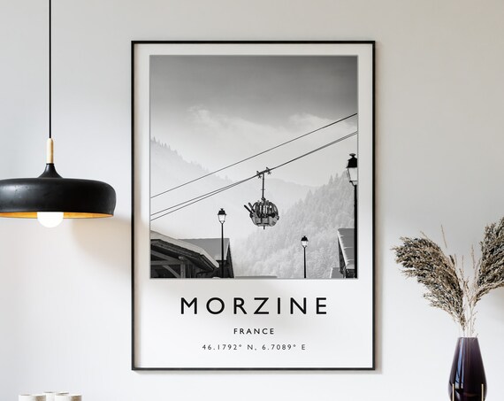 Morzine France Ski Gondola Black and White Alpine Travel Poster