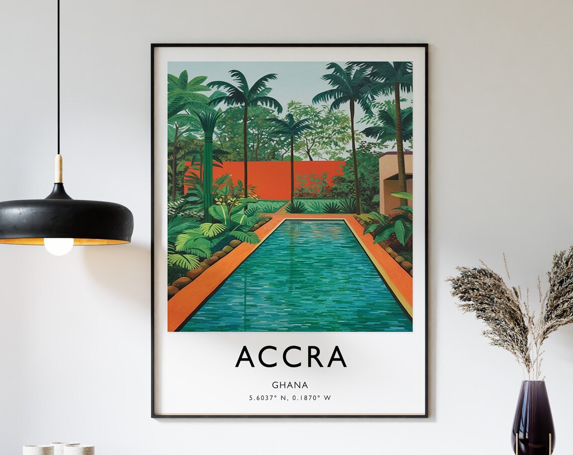 Accra Ghana Tropical Poolside Palm Travel Poster With Coordinates