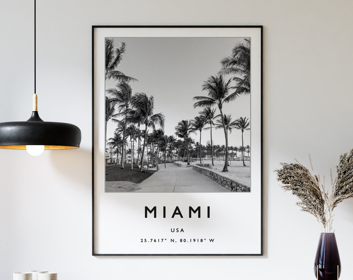 Miami USA Black And White Palm Lined Path Coordinates Art Poster