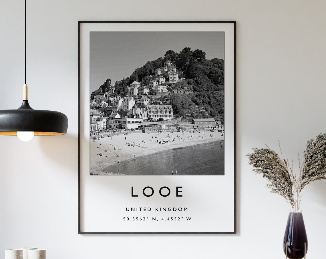 Looe Cornwall Travel Poster, Black and White Coastal Print