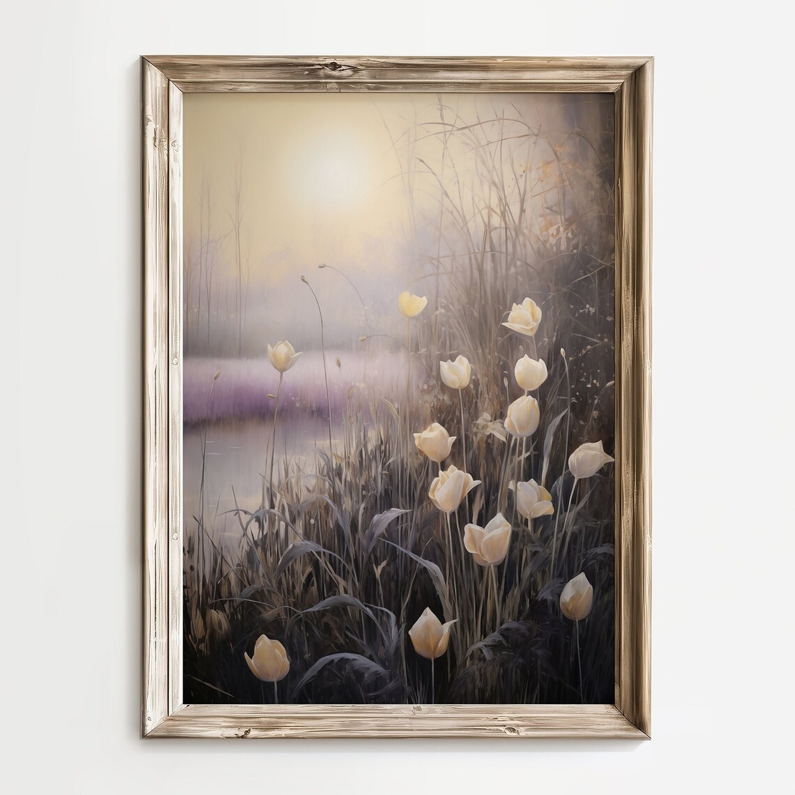 Cream Tulips in Misty Reeds at Sunrise Moody Spring Field Print
