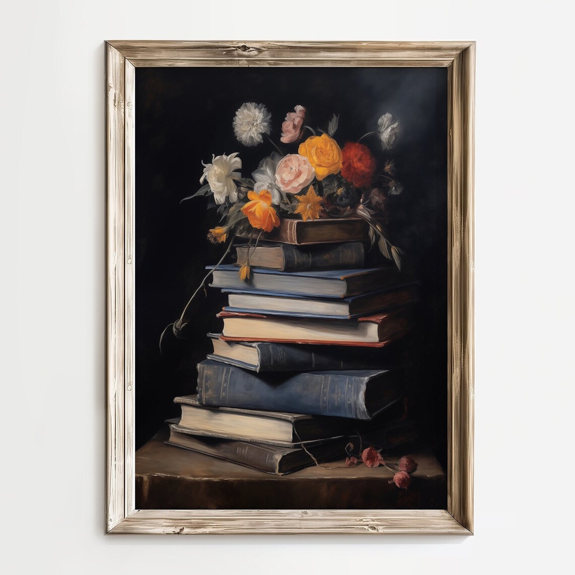 Moody Book Stack Art Print, Dark Academia Floral