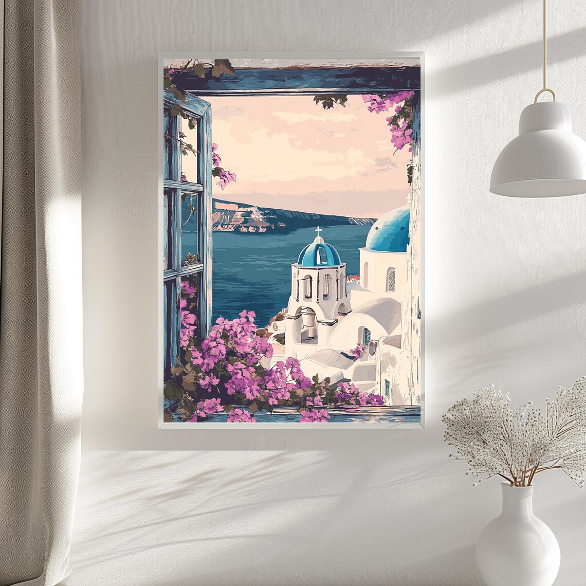 Santorini Blue Dome Church Through Rustic Window View Poster