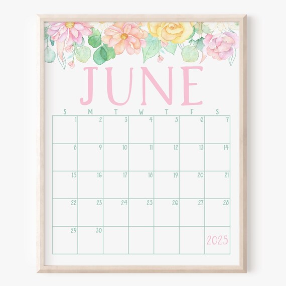 June 2025 Calendar Pastel Floral Border Summer Monthly Planner Art