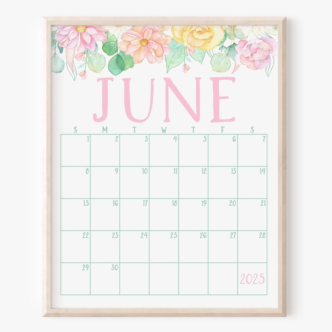 June 2025 Calendar Pastel Floral Border Summer Monthly Planner Art