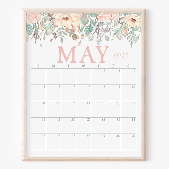May 2025 Calendar Boho Floral Garland Spring Monthly Planner Print