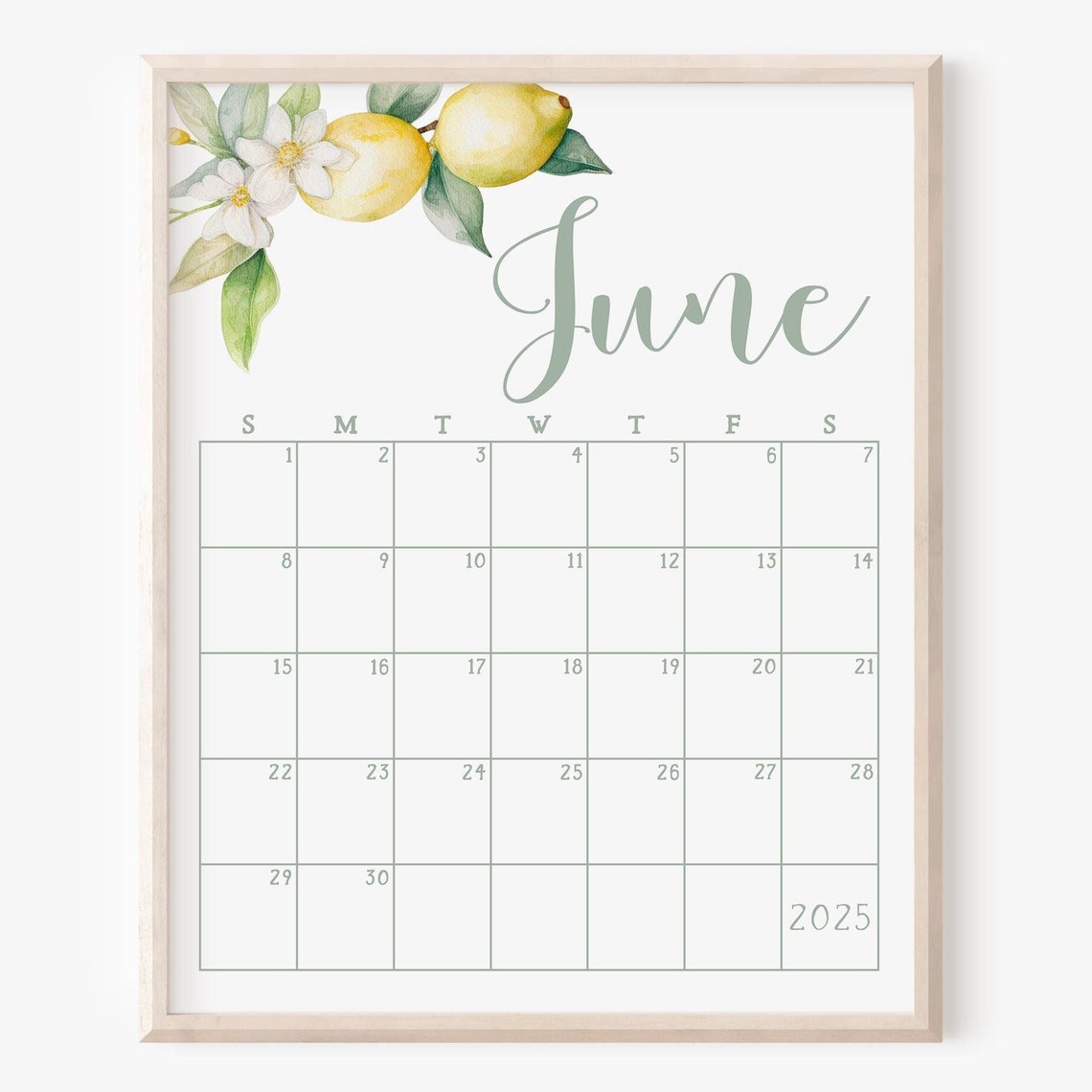June 2025 Calendar Lemon Watercolor Summer Monthly Planner Wall Art