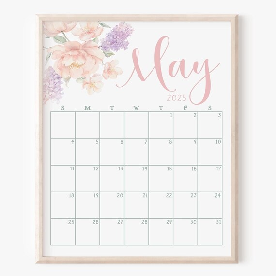 May 2025 Calendar Pink Peony Lilac Spring Monthly Planner Wall Art