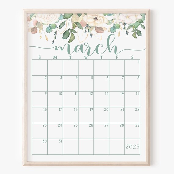 March 2025 Calendar Sage Script Boho Floral Spring Monthly Planner