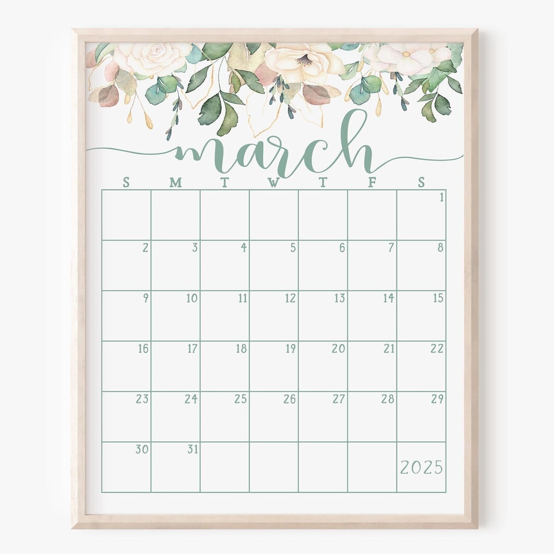 March 2025 Calendar Sage Script Boho Floral Spring Monthly Planner