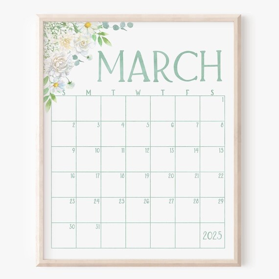 March 2025 Calendar White Daisy Floral Spring Monthly Planner Print