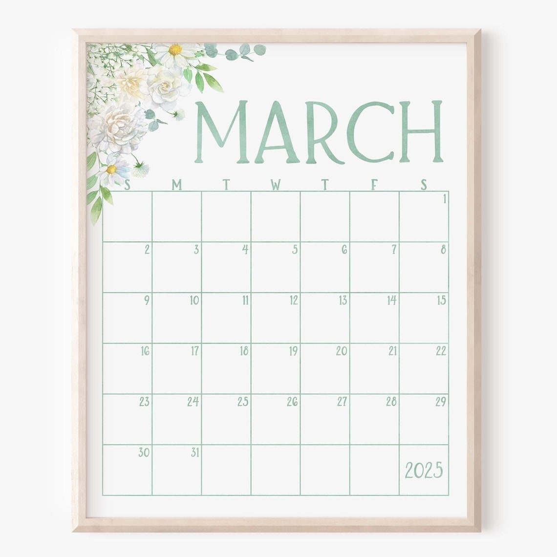 March 2025 Calendar White Daisy Floral Spring Monthly Planner Print