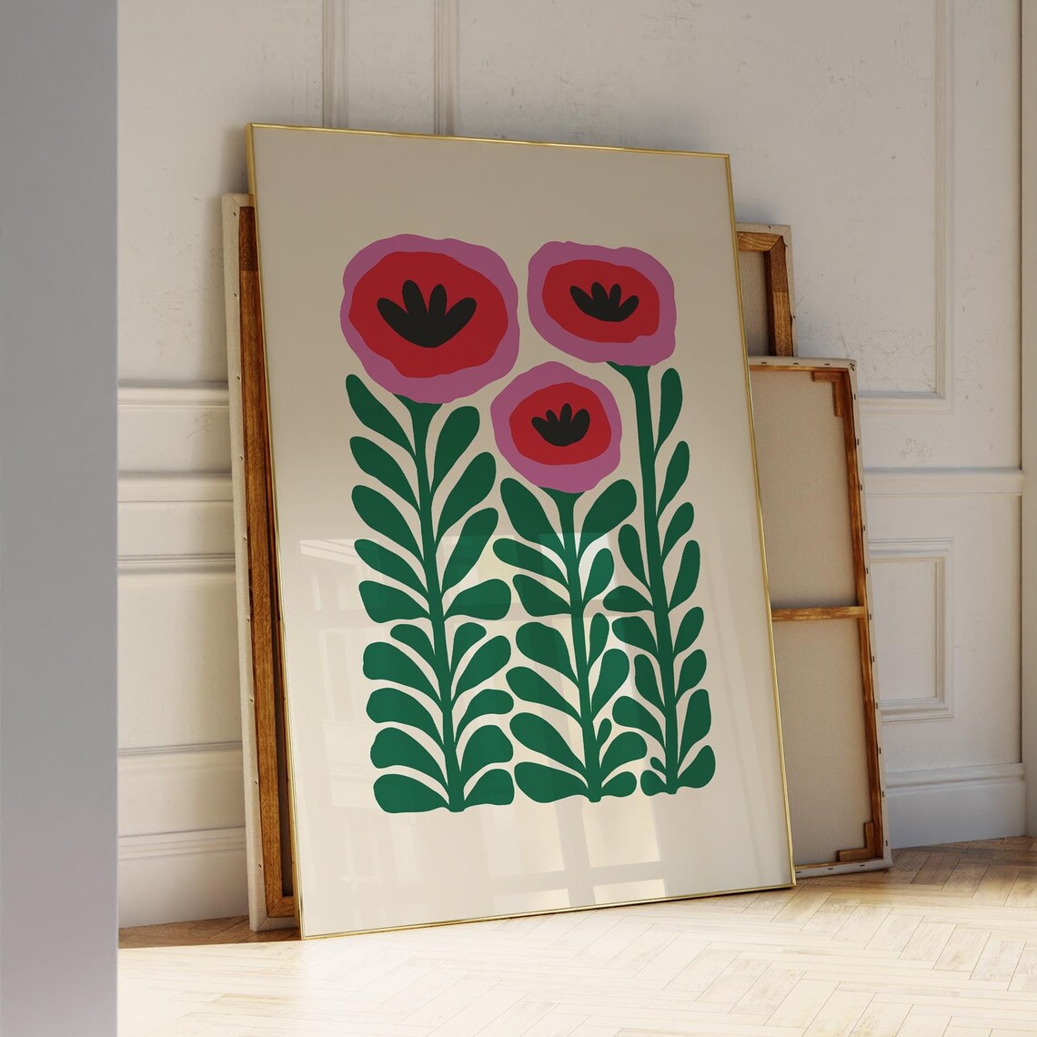 Bold Red Pink Flowers Green Stems Cream Mid Century Art Poster