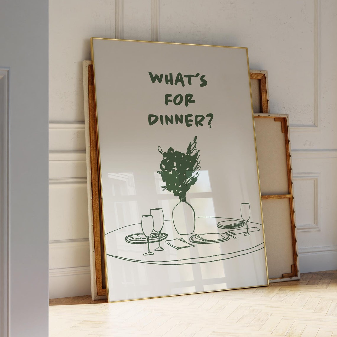 Green Whats For Dinner Kitchen Table Line Sketch Chic Wall Art - Image 3
