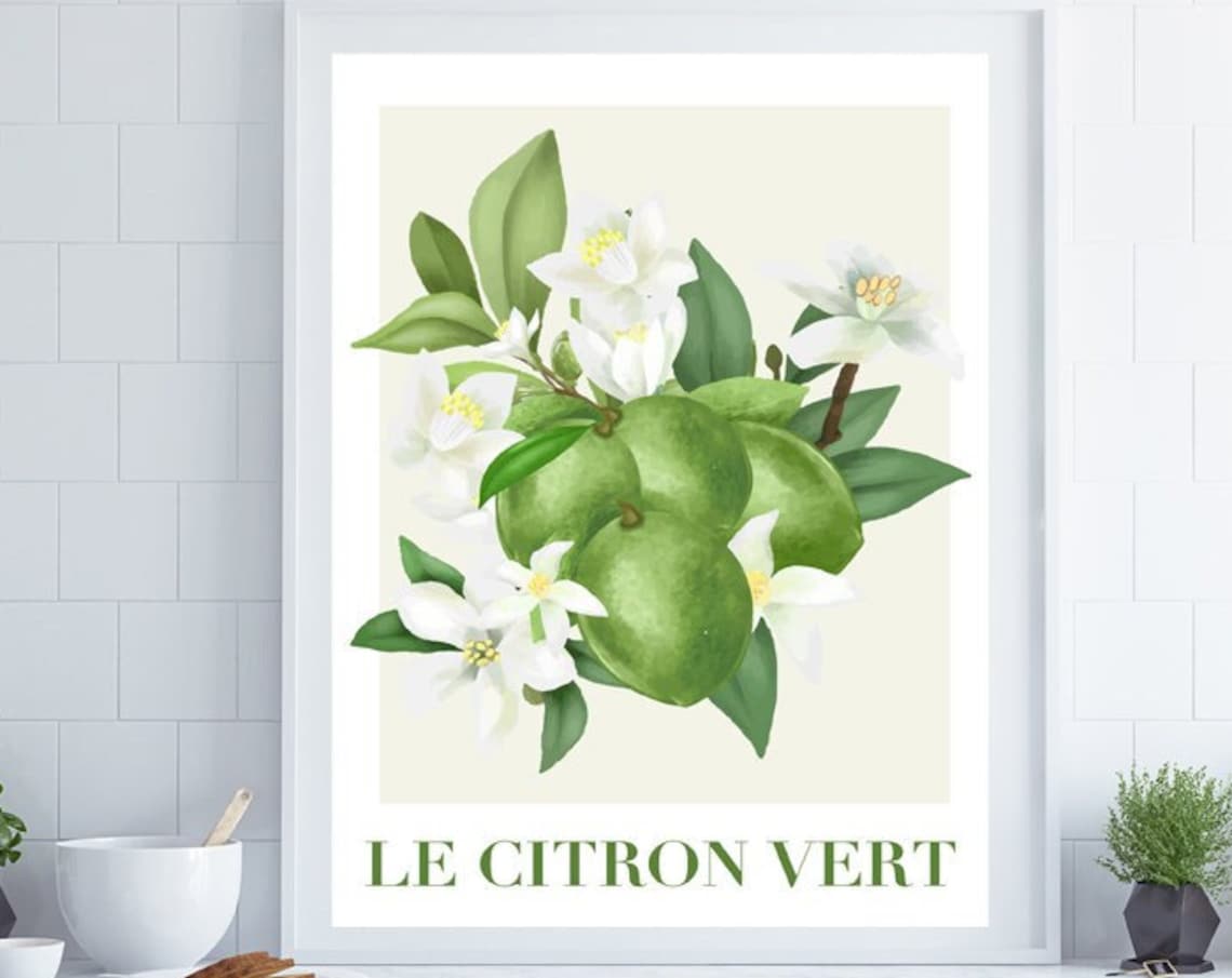 Le Citron Vert French Botanical Green Lemon Blossom Watercolor Print