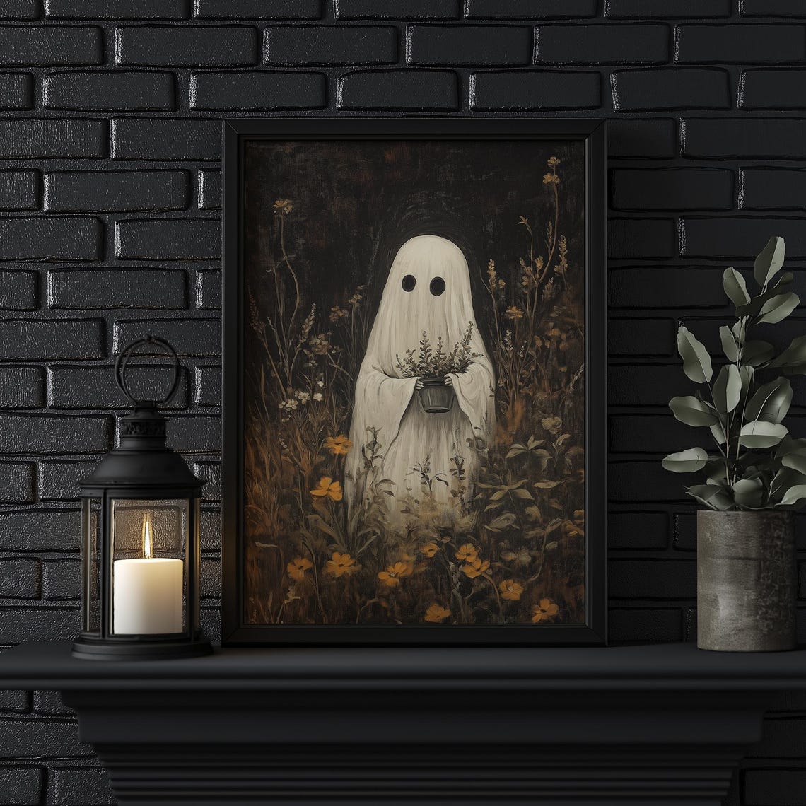 Cute Ghost Holding Plant In Dark Wildflower Garden Art Poster - Image 2