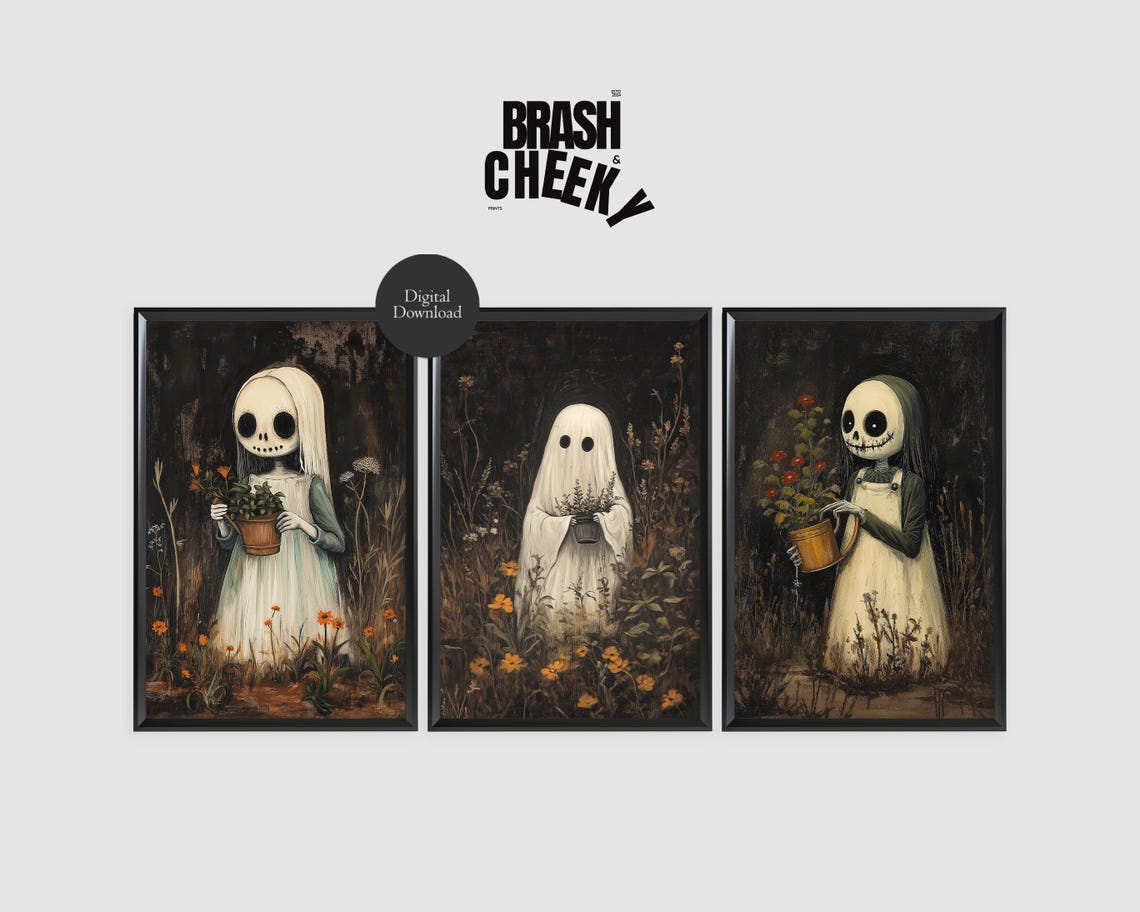 Halloween Ghost Garden Triptych Set Of Three Spooky Art Poster