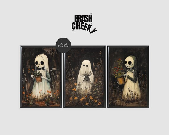 Halloween Ghost Garden Triptych Set Of Three Spooky Art Poster