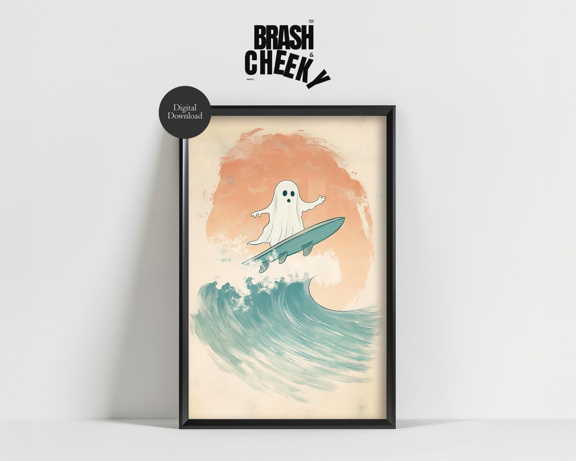 Cute Ghost Surfing Sunset Wave Halloween Beach Decor Wall Art