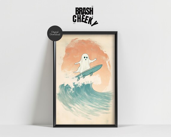 Cute Ghost Surfing Sunset Wave Halloween Beach Decor Wall Art
