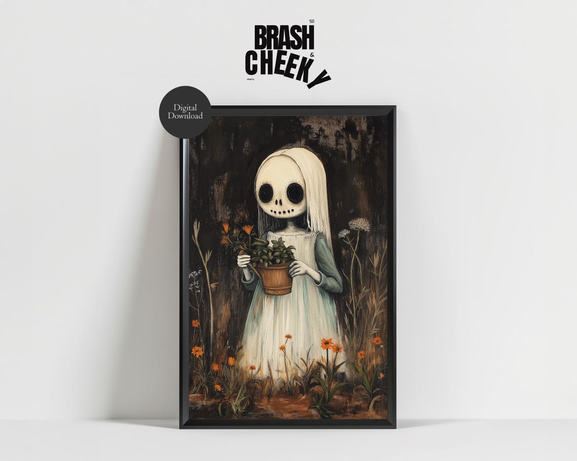 Ghost Girl With Skull Face Holding Flowers Dark Garden Poster